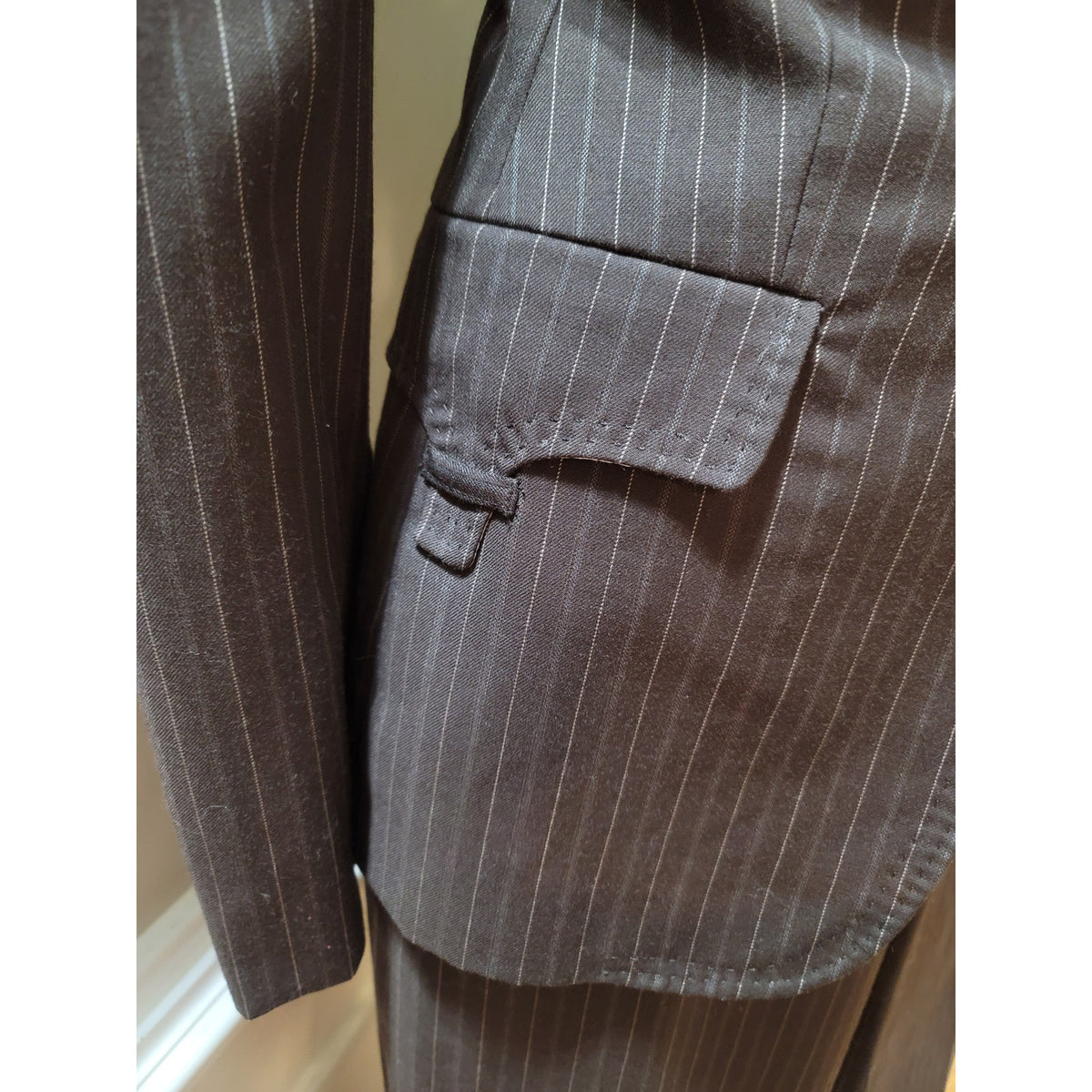 Anne Klein Pant Suit Women SZ 6 Brown Pinstripe Single Button Blazer Welt Pocket