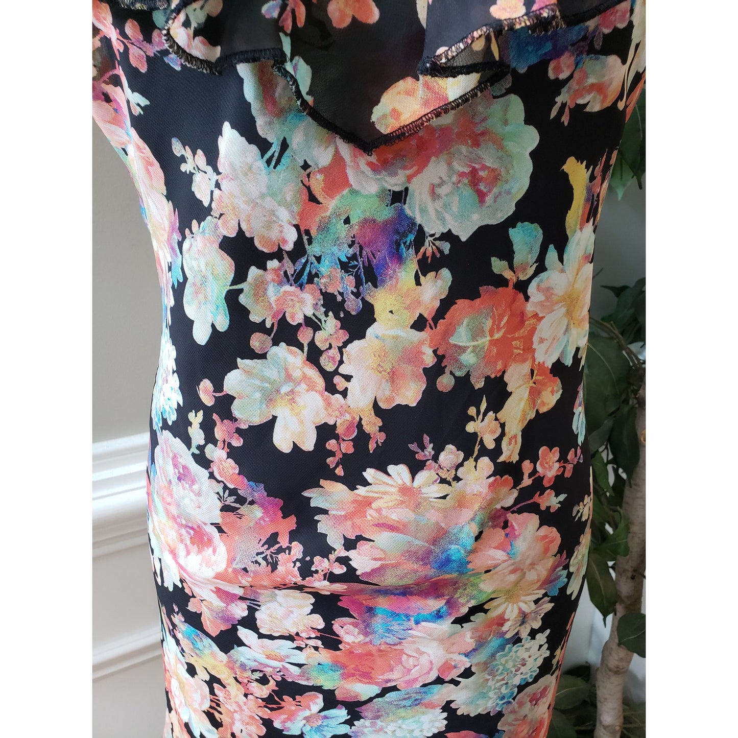 Mimi Chica Sheer Dress Womens Medium Black Floral Lined Ruffle Spaghetti Strap