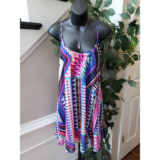 Express Knee Length Dress Women's XS Multi Geo Print Sleeveless Spaghetti Straps