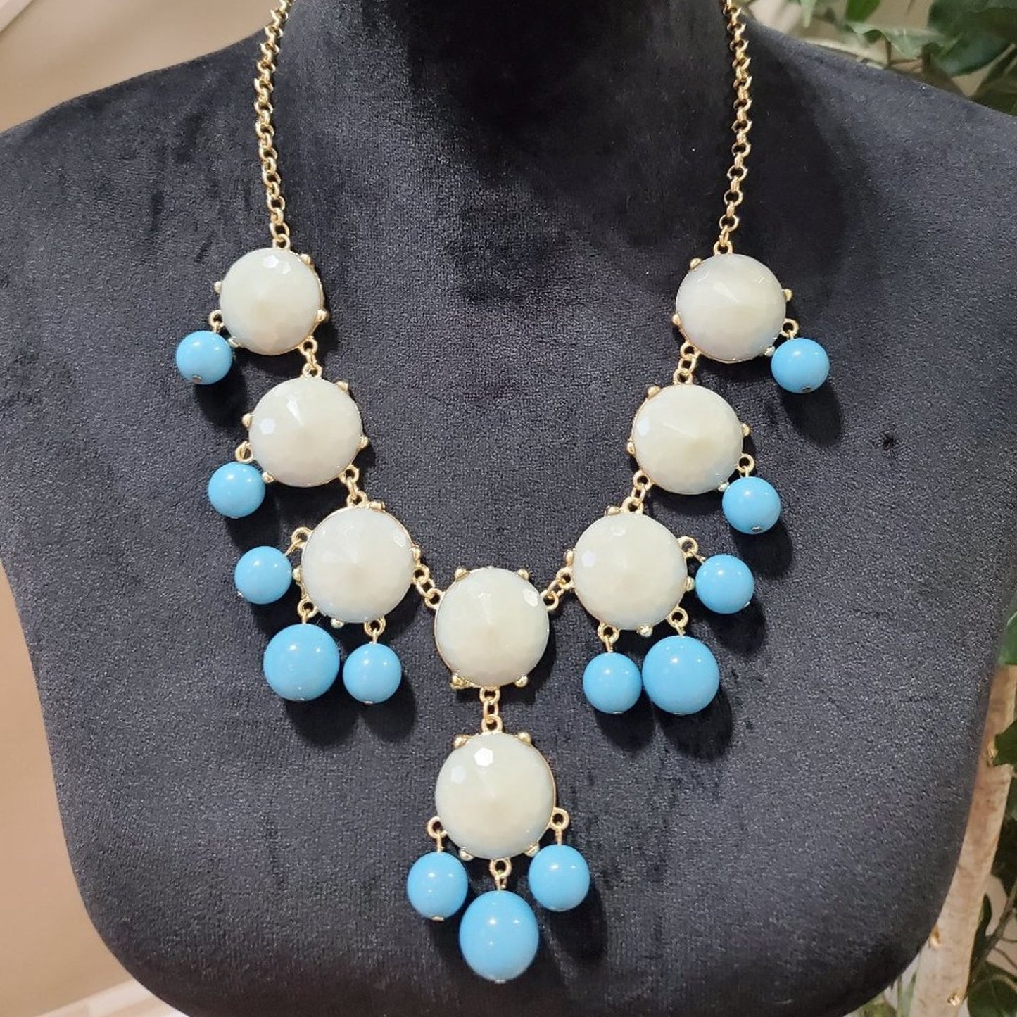 Womens White Blue Bubble Beaded Gold Tone Statement Necklace with Lobster Clasp