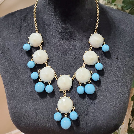 Womens White Blue Bubble Beaded Gold Tone Statement Necklace with Lobster Clasp
