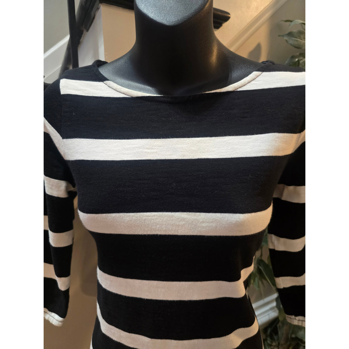 J. Crew Shift Dress Women's Size XS Black/White Striped Boat Neck 3/4 Sleeves