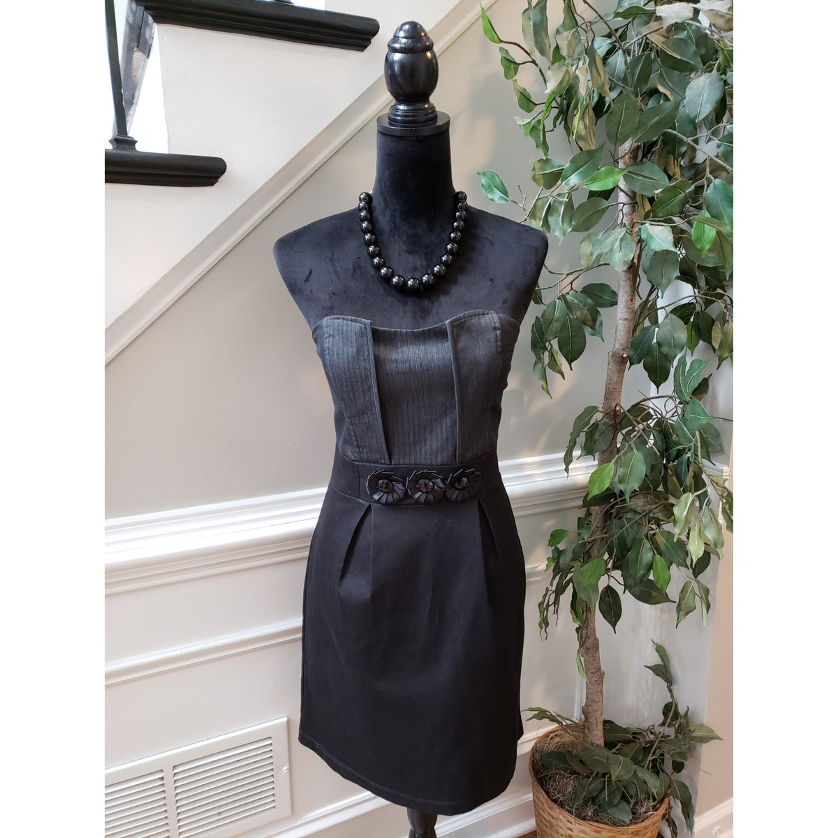 KupCake Mini Dress Women M Black Pinstriped Strapless Off The Shoulder Back Zip