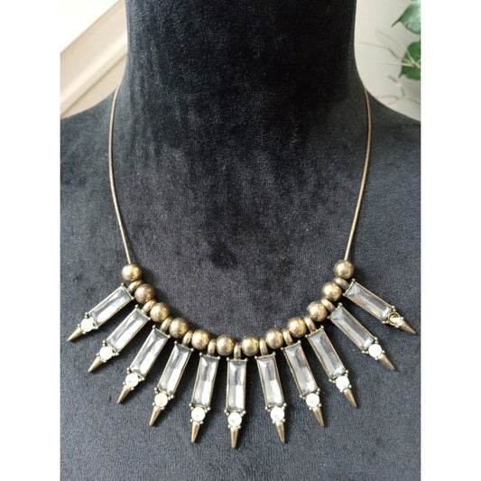 Antique Gold Tone Crystal Spike Statement Necklace Art Deco Fringe Bib Collar