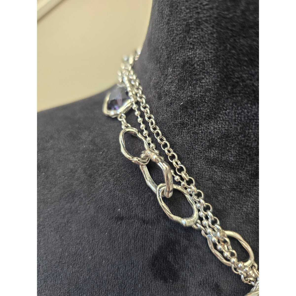Silver Tone Layered Chain Oversized Open Teardrop Pendant Toggle Necklace