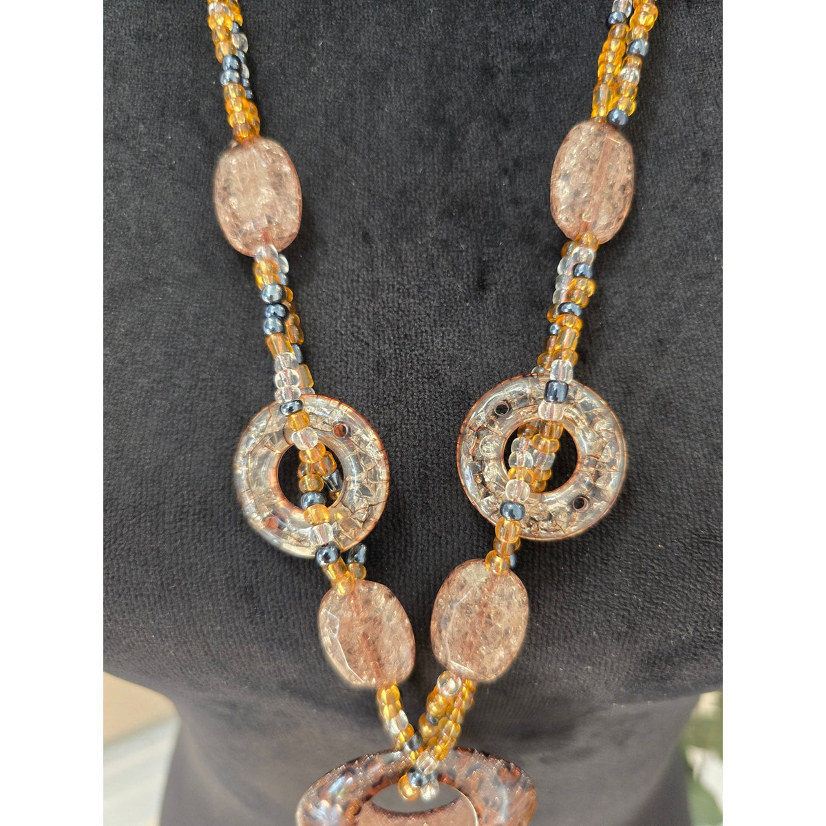 Long Pink Bronze Beaded Pendant Statement Necklace Boho Style