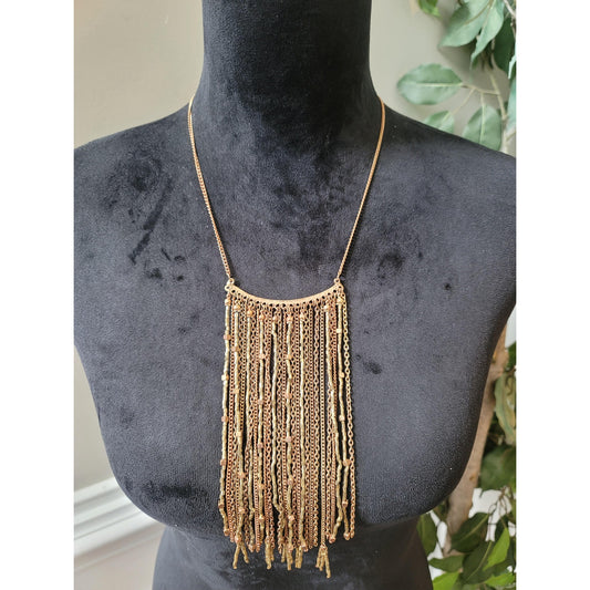 Women's Gold Tone Fringe Beaded Necklace Statement Lobster Clasp Jewelry
