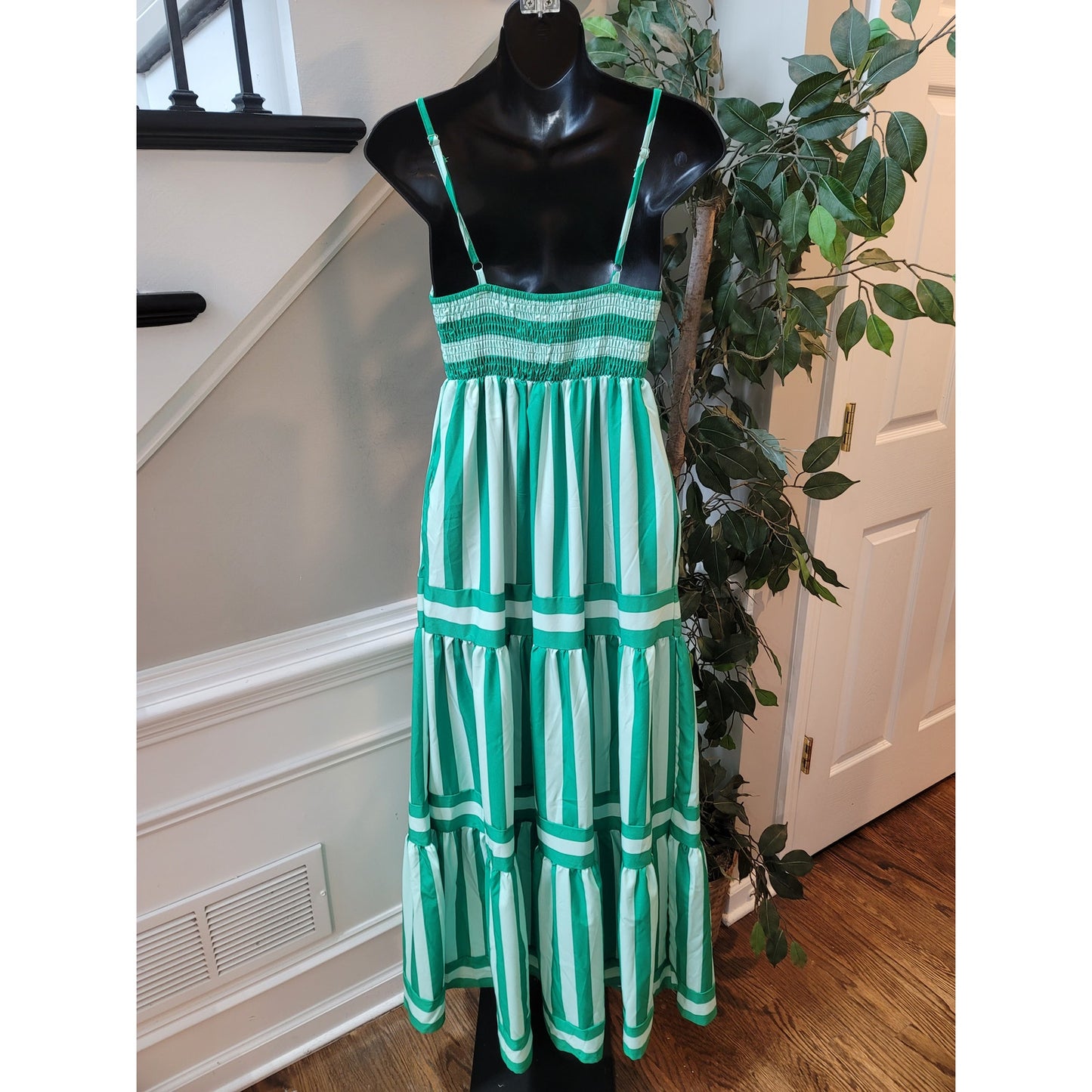 Boutique Maxi Dress Women Small Green White Striped Sleeveless Sundress