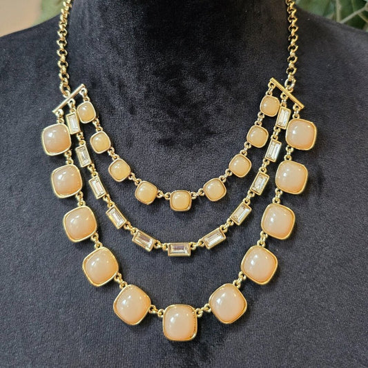 Womens Beige Cabochon Stones & Clear Crystal Necklace Jewelry with Lobster Clasp