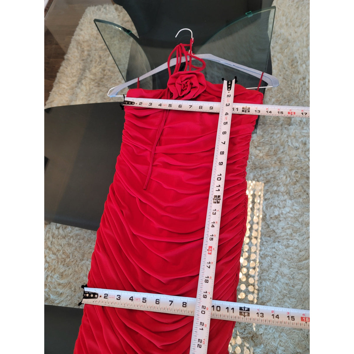 Fashion Nova Strapless Midi Dress Women's Medium Red Ruched 3D Floral Corsage