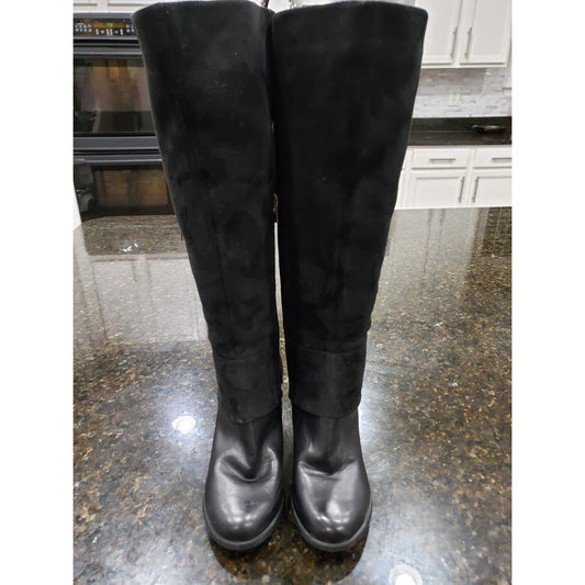 Leila Stone Tarah Boots Women Size 8 Black Leather Round Toe Block Heel Side Zip