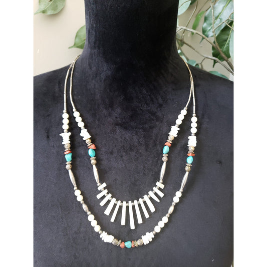 Womens 2 Strand Tribal Boho Agate Fan Sticks Turquoise Beads Statement Necklace