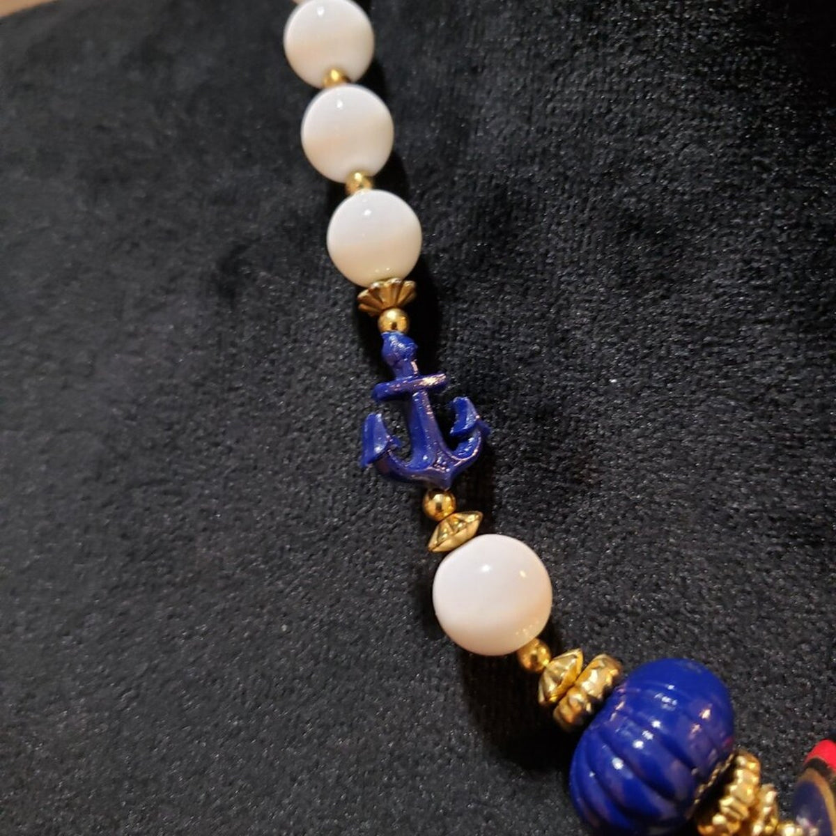Womens Fashion White Pearl Blue Bead & Anchor Collar Necklace with Barrel Clasp
