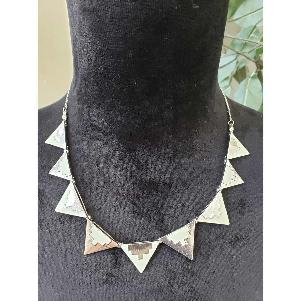 Womens Silver Plated Link Triangle Enamel Statement Necklace with Lobster Clasp