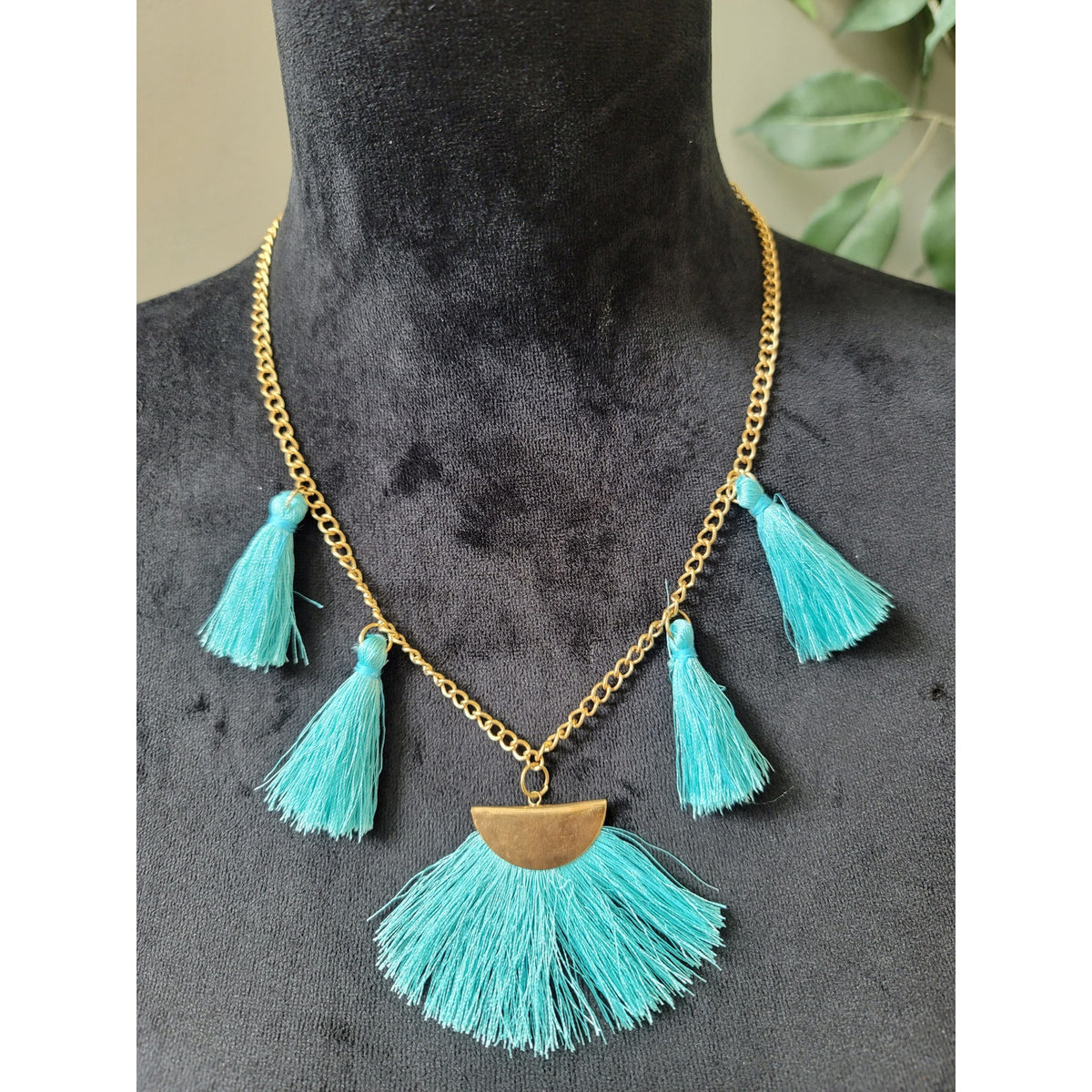 Womens Turquoise Tassel Statement Necklace with Gold Chain and Half-Moon Pendant