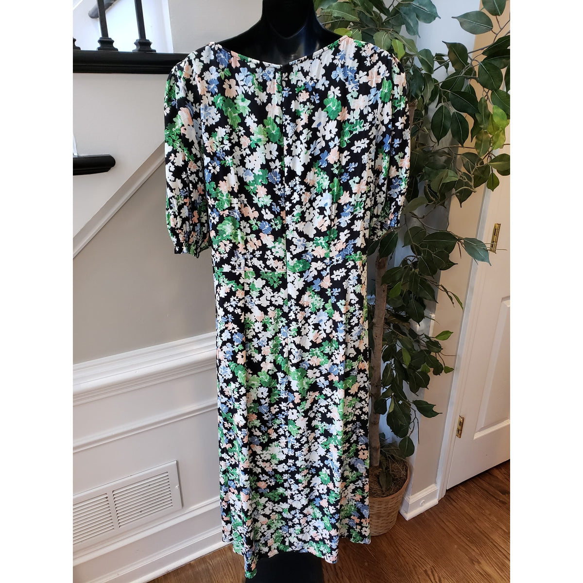 H&M Long Maxi Dress Womens XL Multi Floral Puff Sleeve Sweetheart Neck Back Zip