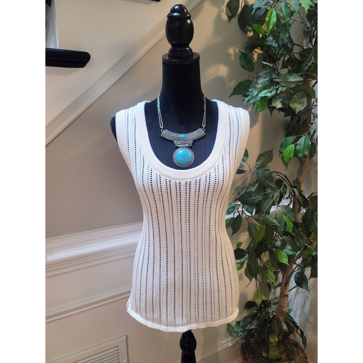 The Upside Stitch Sweater Women Medium White Open Knit Ribbed Armhole Sleeveless