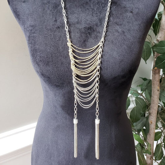 JLO Women's Jewelry Two Tone Chain Drapes & Tassel Long Necklace Lobster Clasp