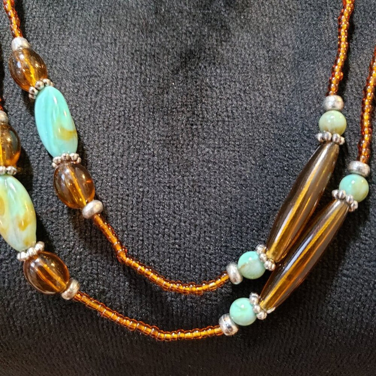 Womens Fashion Turquoise, Brown & Seed Beads Tubes Station Long Necklace Jewelry