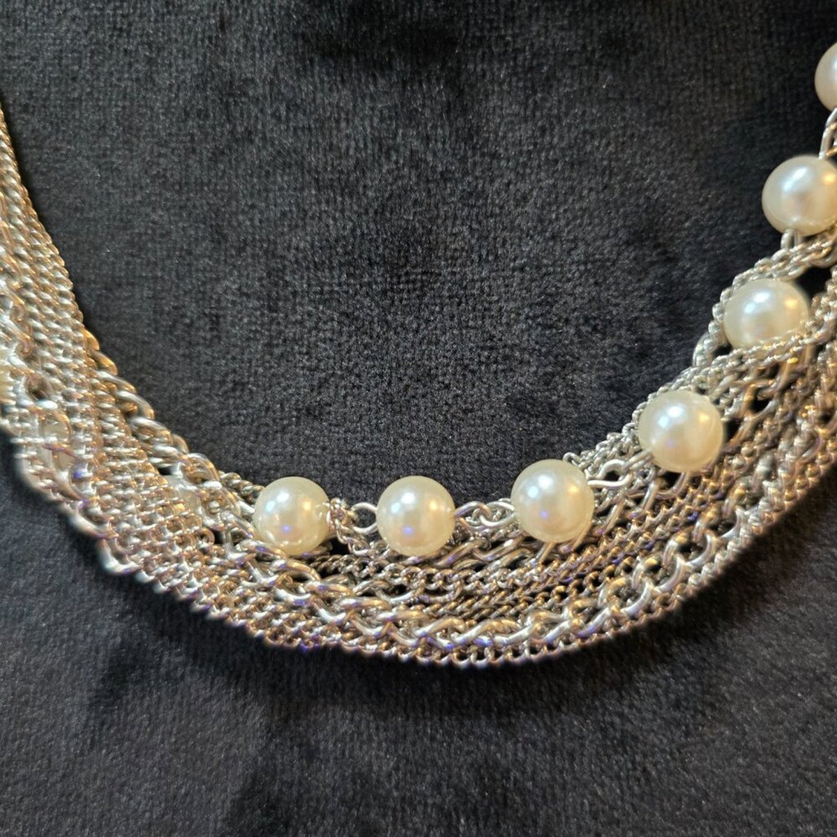 Womens Fashion Silver 5 Strand Chain and Pearls Beaded Necklace w/ Lobster Clasp
