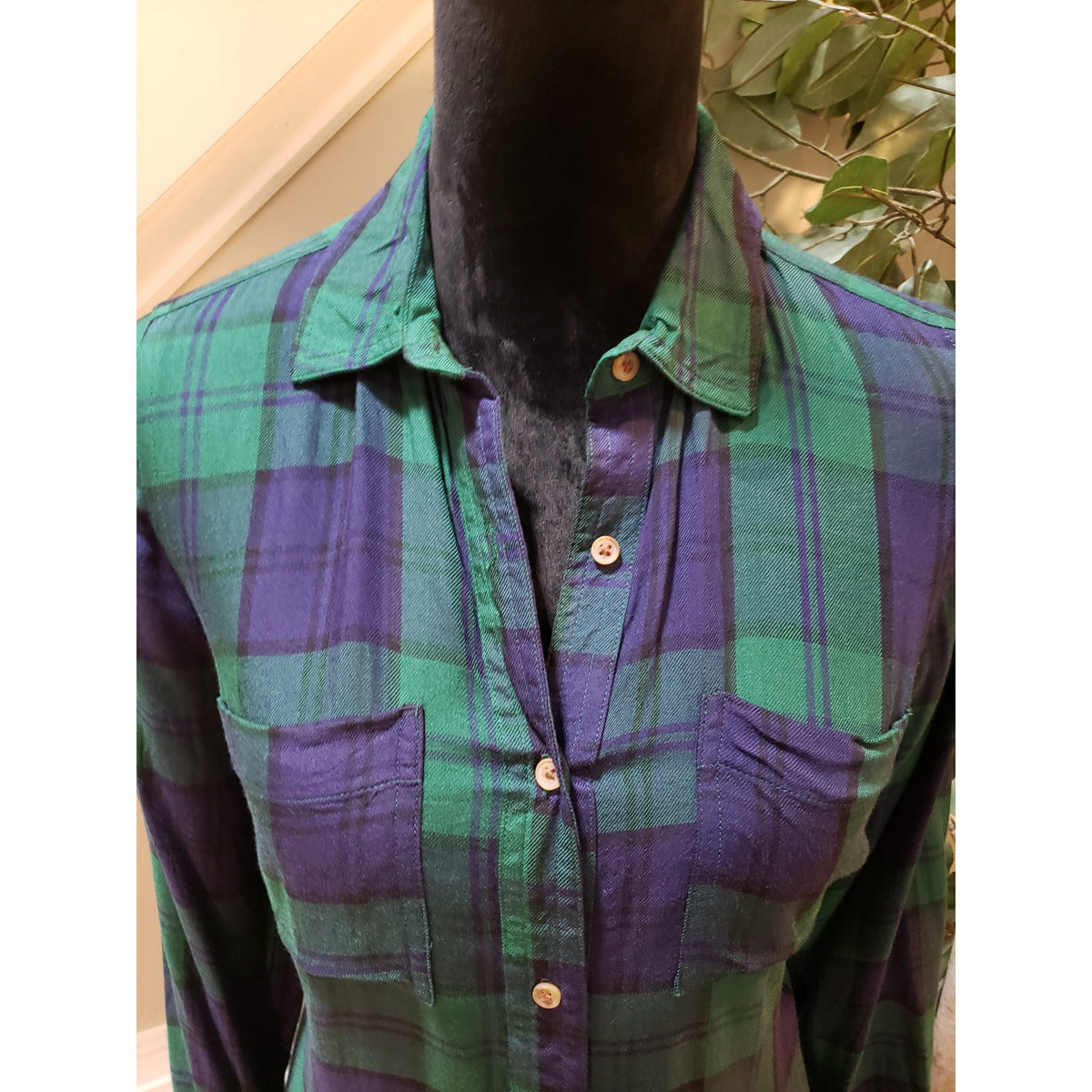 Old Navy Shirt Dress Womens S Green Plaid Casual Long Sleeve Collar Button Down