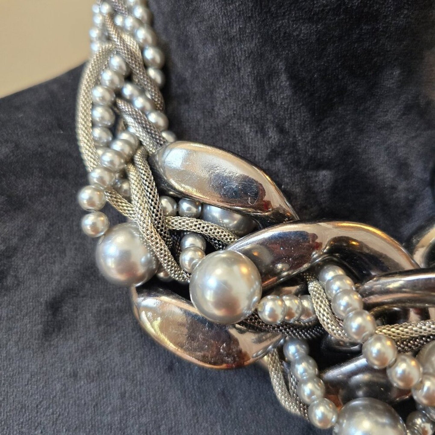Women Silver Tone Imitation Pearl Multi Strand Braided Necklace w/ Lobster Clasp