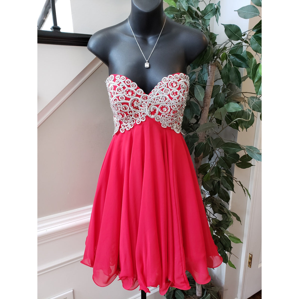 Fiesta Prom Dress Women Small Red Rhinestone Polyester Beaded Off The Shoulder
