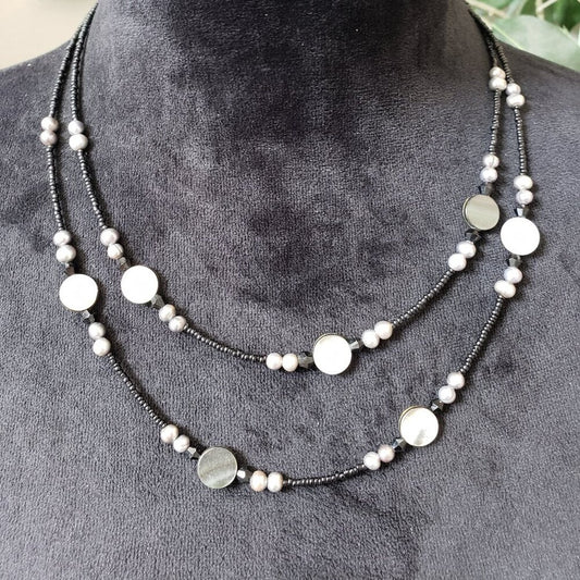 Lia Sophia Black White Mother of Pearl Freshwater Necklace with Lobster Clasp