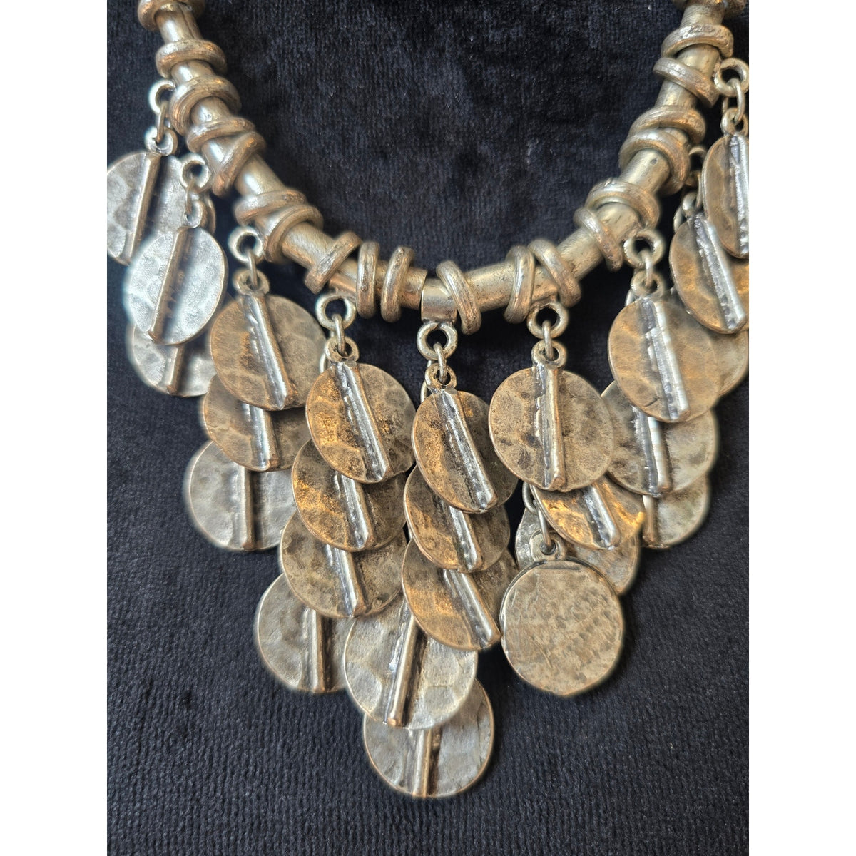 Silver Tone Hammered Disc Bib Statement Necklace Boho Tribal Chunky Fashion