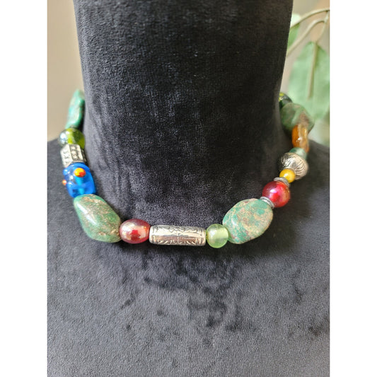 Womens Gold Statement Necklace With Multicolor Beaded Clusters And Lobster Clasp
