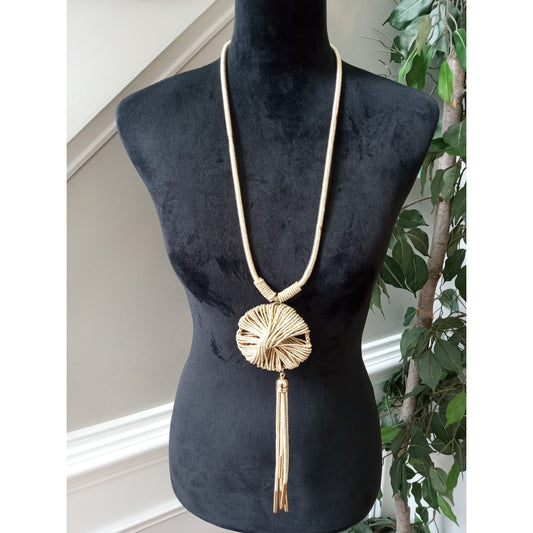 Long Gold Tone Necklace Textured Disc Pendant Chain Tassel Boho Statement