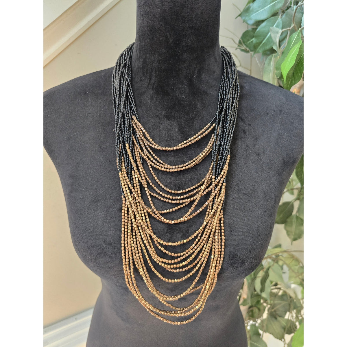 Black & Bronze Multi Strand Beaded Layered Statement Necklace