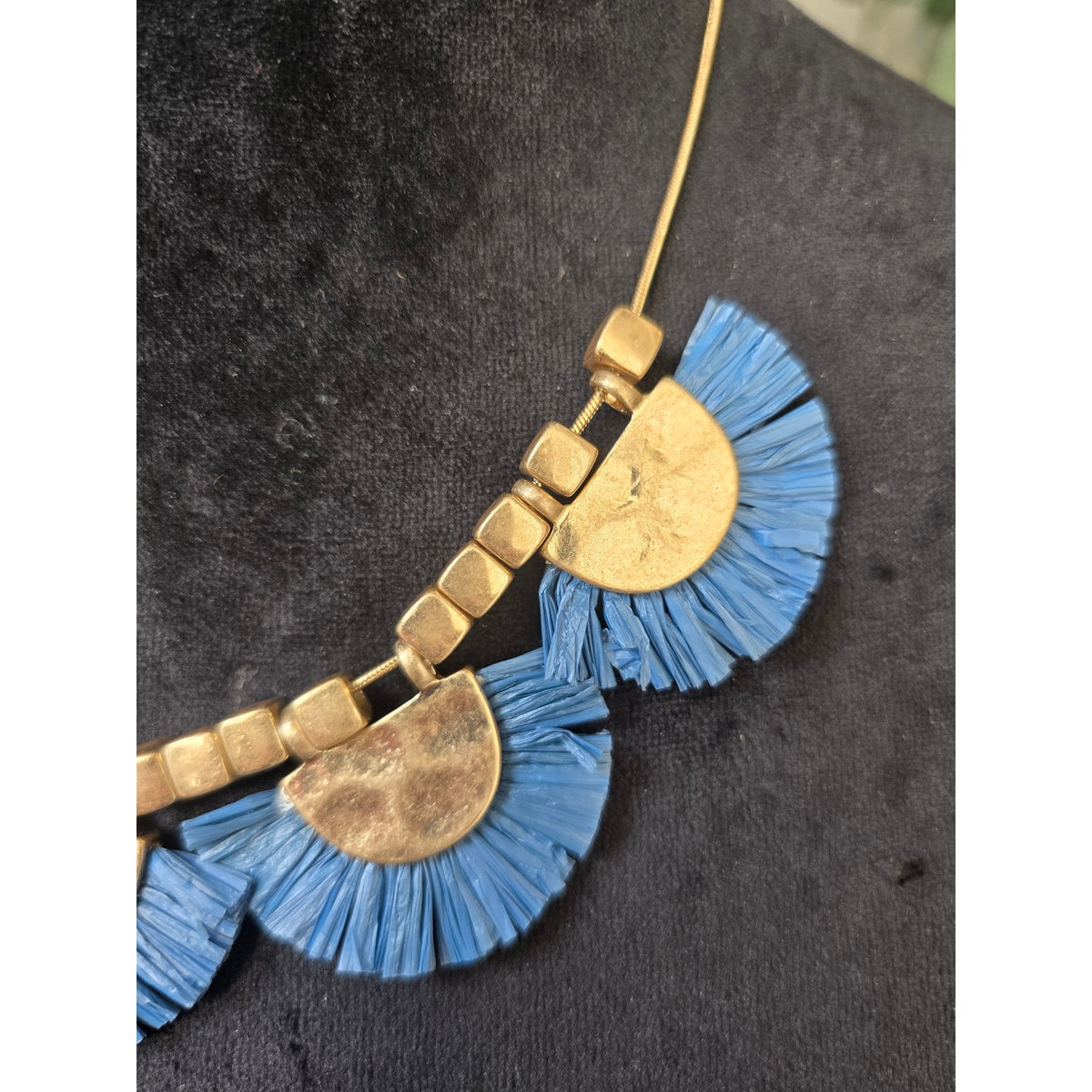 Blue Fringe Gold Disc Statement Necklace