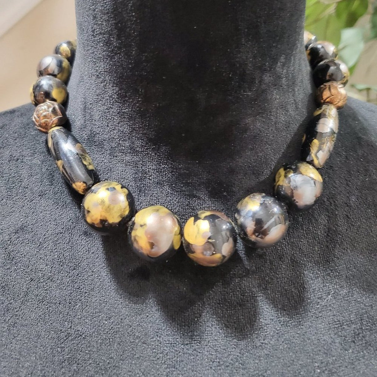Womens Fashion Sculpted Orbs Black Gold Bead Bib Necklace with Spring Ring Clasp