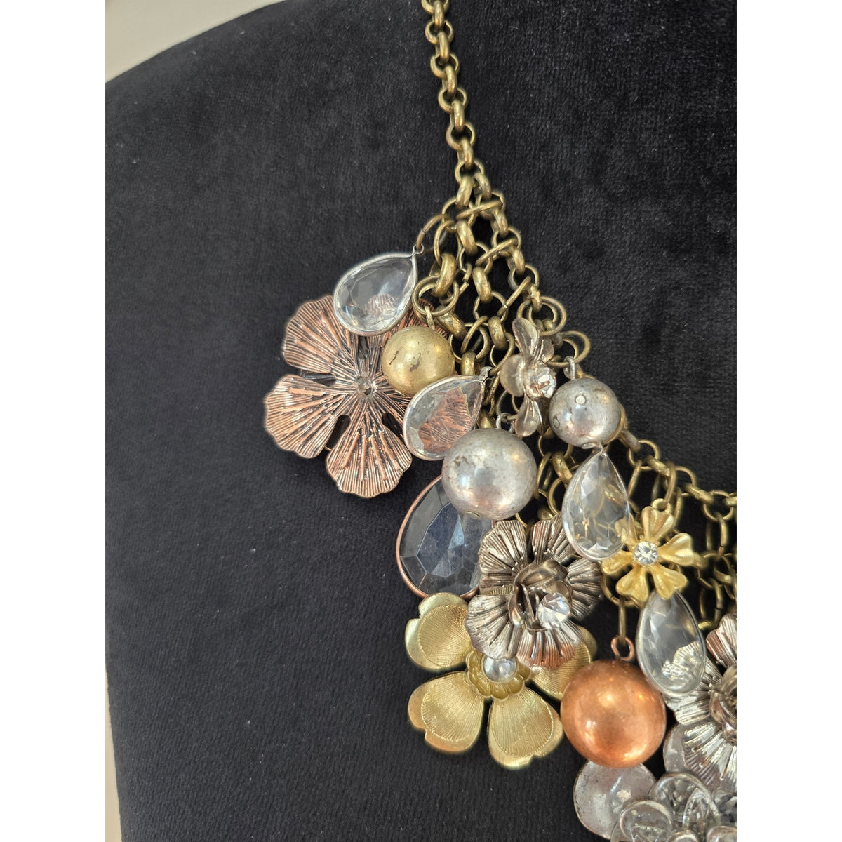 Gold Tone Mixed Shell Disc Charm Statement Necklace Chunky Bib Boho Jewelry