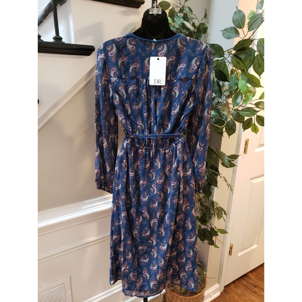 DR2 A Line Dress Women Navy Paisley Tie Waist Long Sleeve V Neck Button Front XS