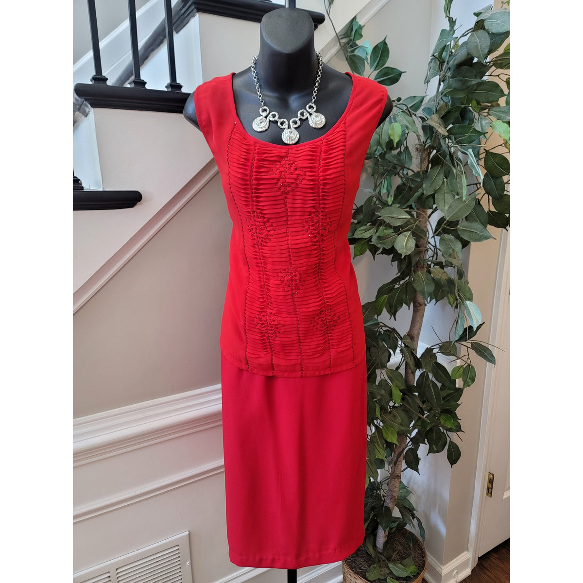 St Anthony Skirt Suit Women SZ 16W Red Rhinestone Long Sleeve Blazer Fully Lined