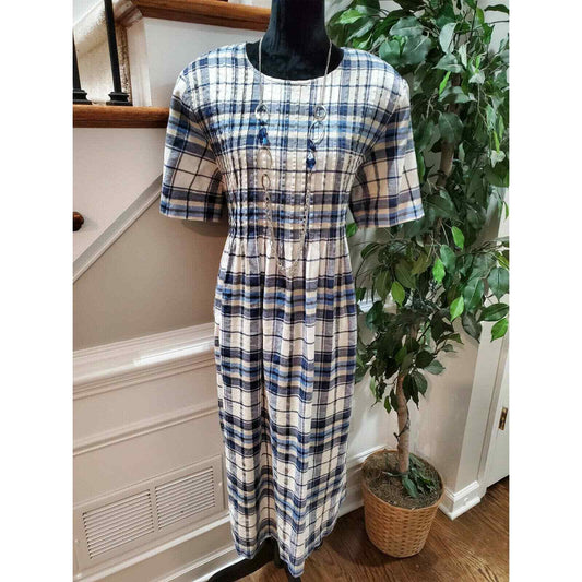 VTG Positive Attitude Plaid Linen Short Sleeve Round Neck Knee Length Dress 20P