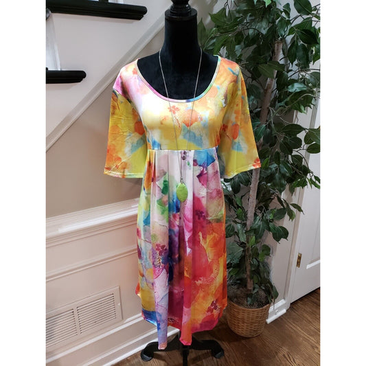 Women's Multicolor Floral Polyester Round Neck Half Sleeve Knee Length Dress 2X