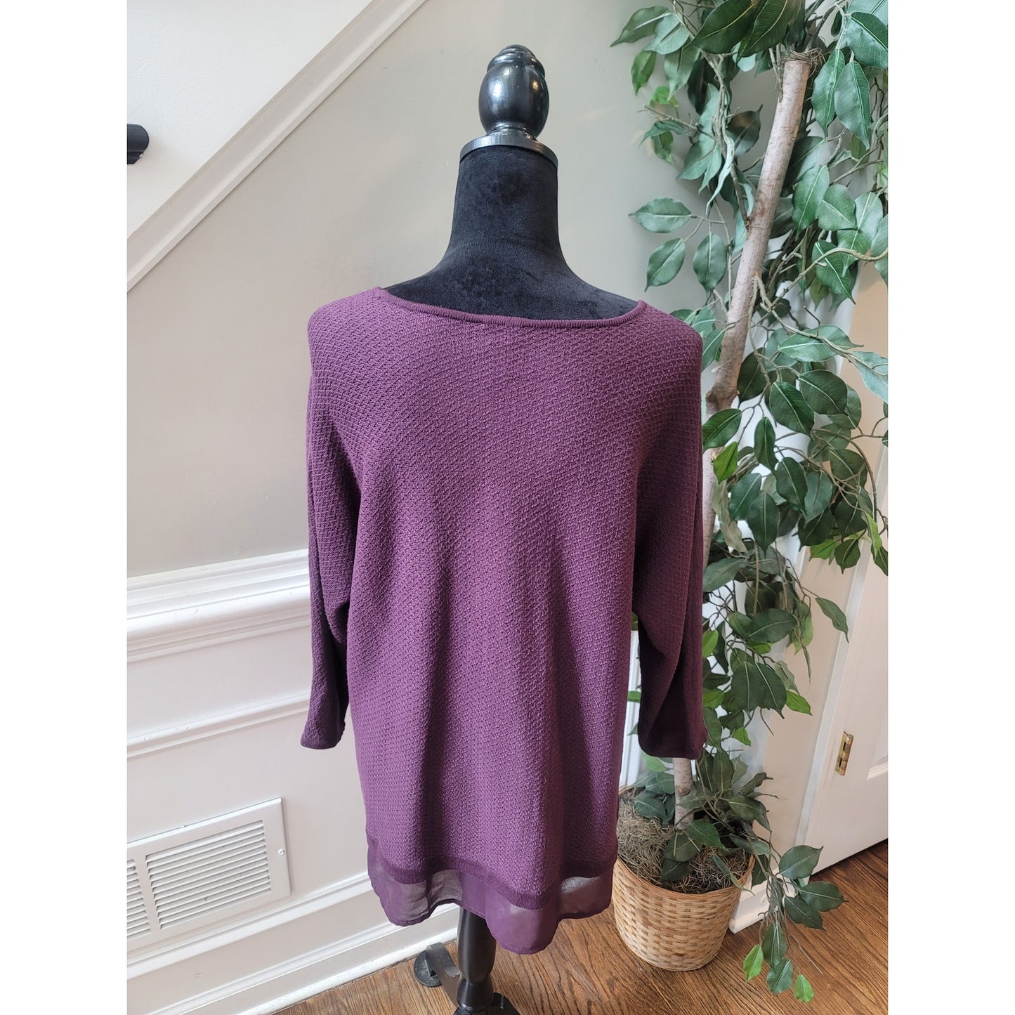 Chico's Sweater Women's Size 2 Large Purple Sheer Hem Knit Stretch Long Sleeve