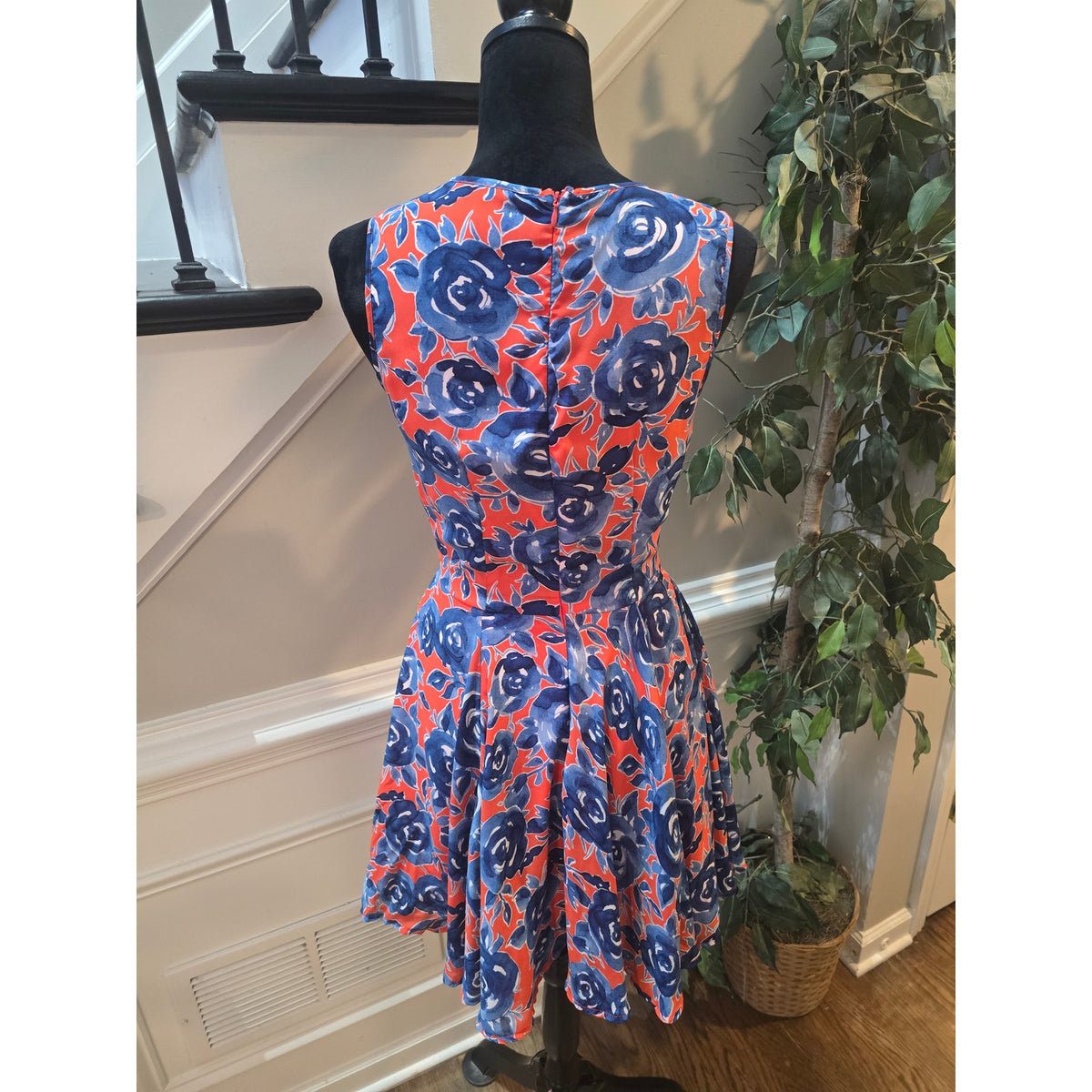 Maison Jules Skater Dress Women's Dress Small Red/Blue Floral Lined Back Zipper