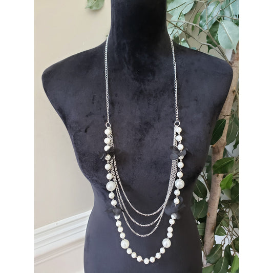 Women Silver Tone Multi Strand Chains Faux Pearl Bead Statement Necklace Jewelry