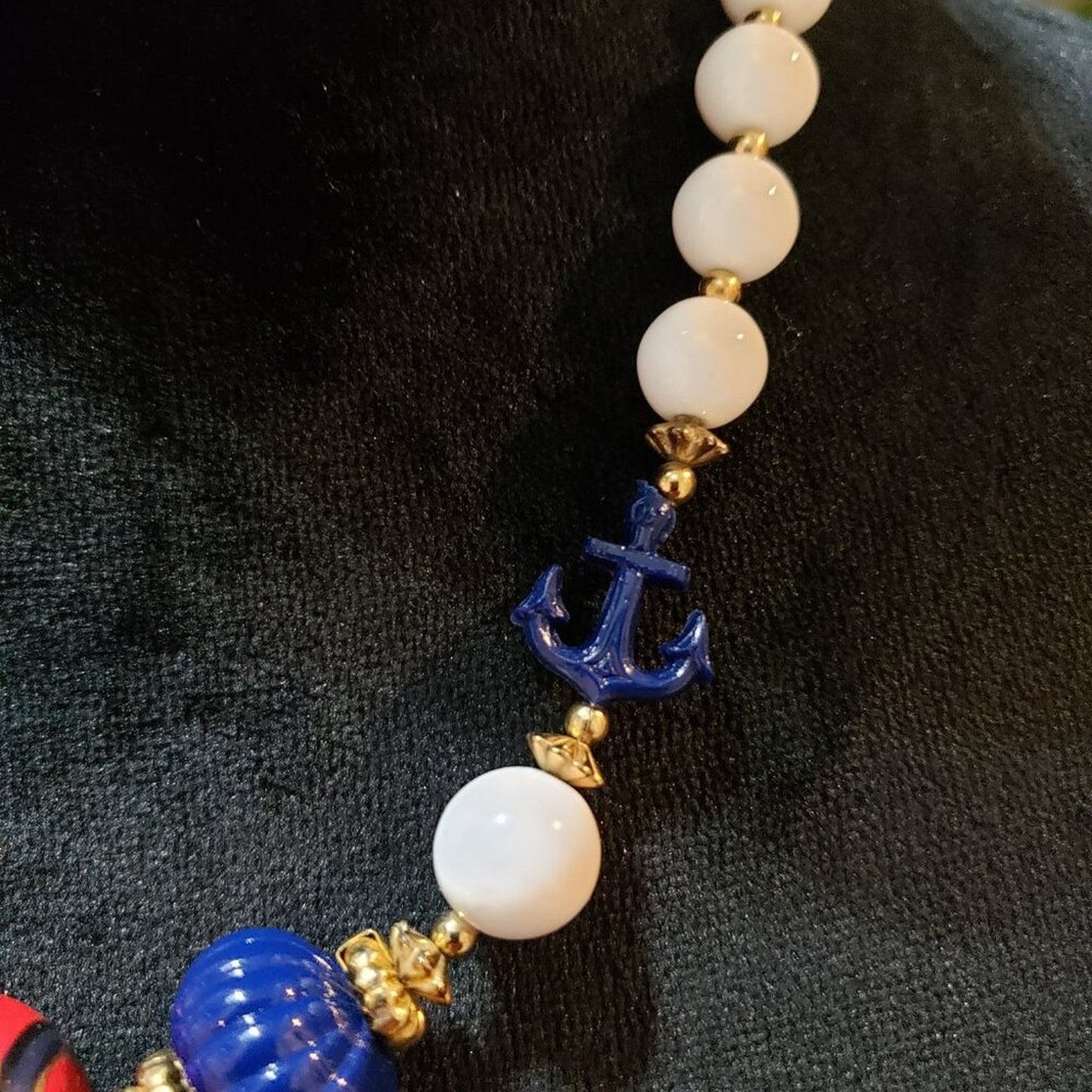 Womens Fashion White Pearl Blue Bead & Anchor Collar Necklace with Barrel Clasp
