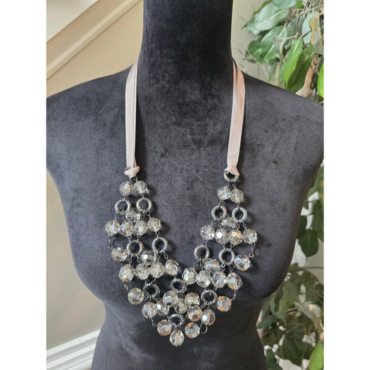 Silver Tone Smoky Gray Crystal Cluster Bib Necklace with Ribbon