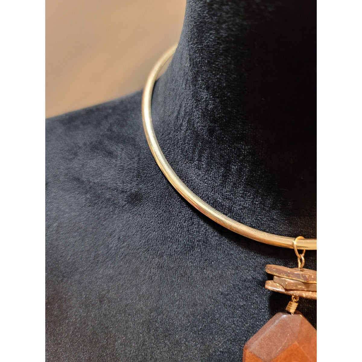 Carol for Eva Graham Wooden Pendant with Gold Choker and Matching Earrings