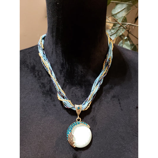 Womens Multilayer Seed Beads Twisted String Crackle Acrylic Pendant Necklace