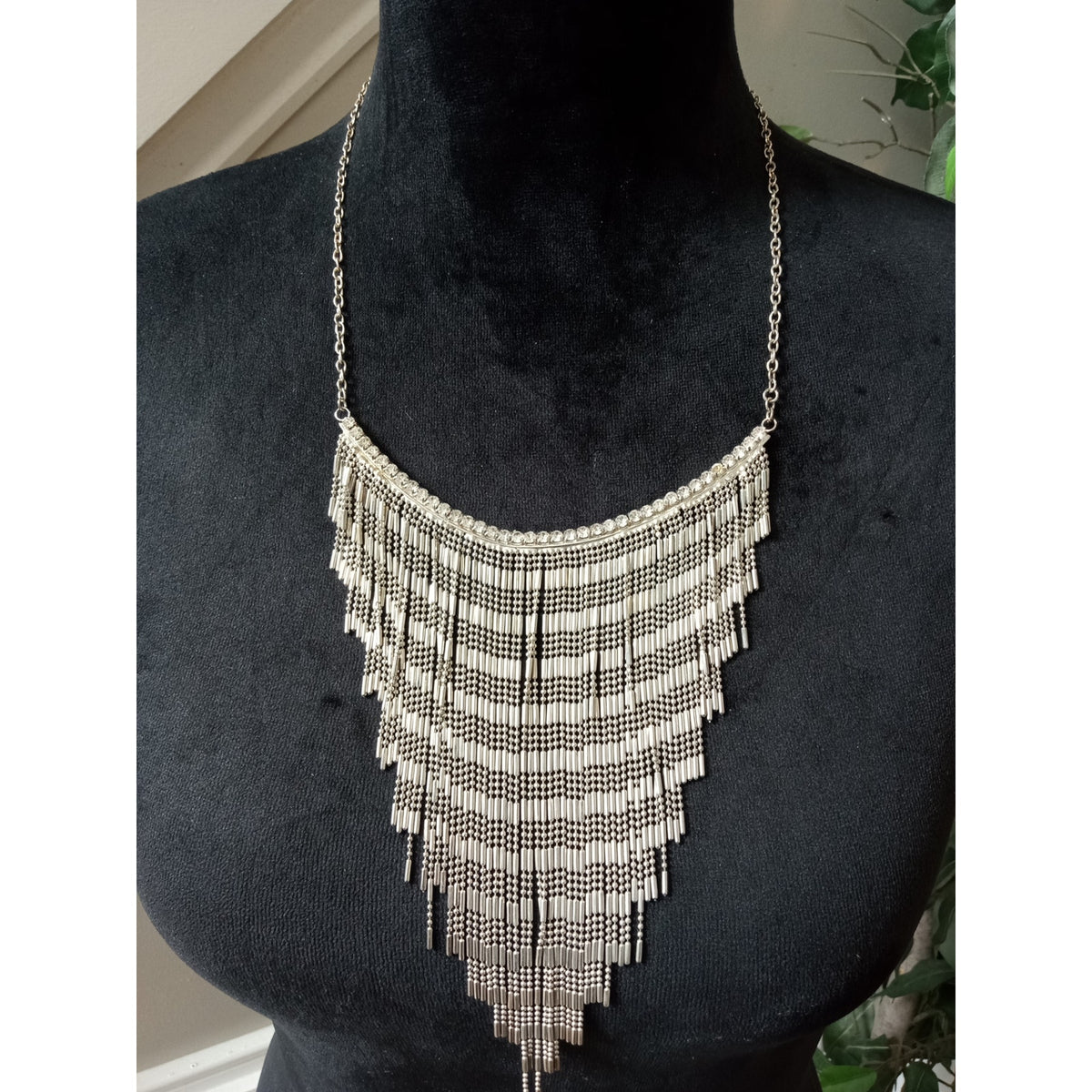 Silver Tone Layered Chain Fringe Statement Necklace Waterfall Bib Tassel Collar