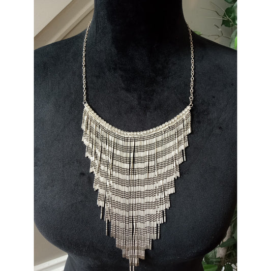 Silver Tone Layered Chain Fringe Statement Necklace Waterfall Bib Tassel Collar