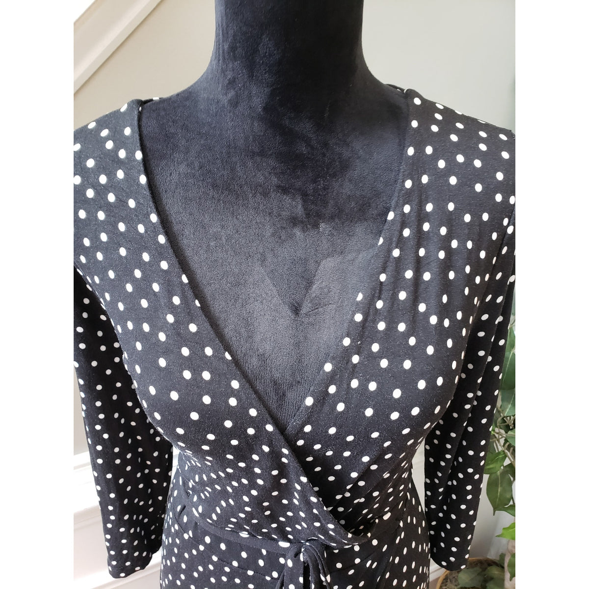 A New Day Polka Dot Dress Women's M Black White Wrap Belted Long Sleeve