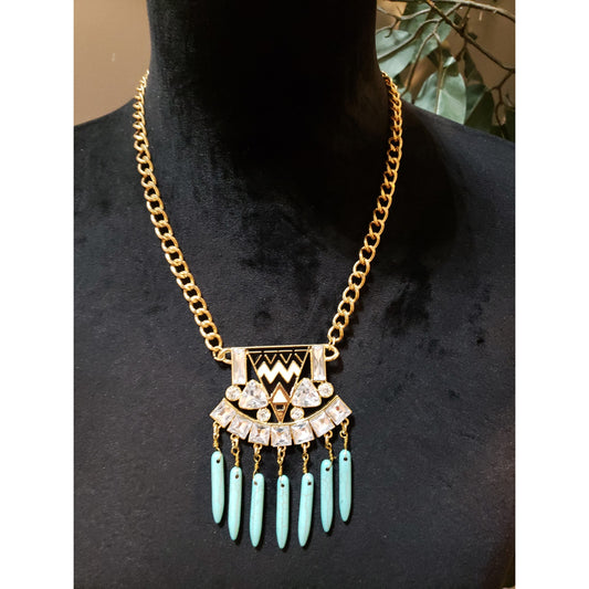 Southwestern Gold Tone Faux Turquoise Black Cream Enamel Rhinestone Necklace